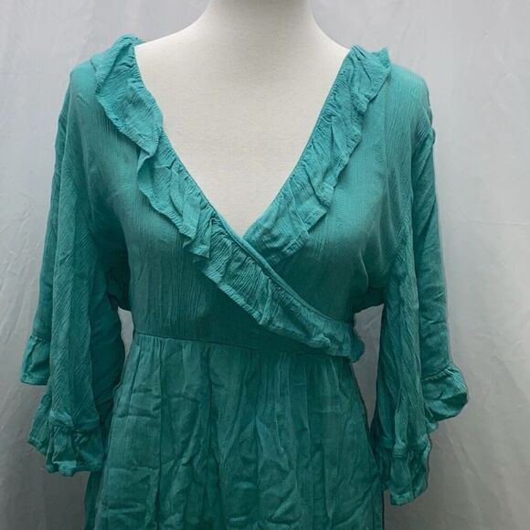Roxy Second Look Dress Sz L Turquoise Blue coastal cowgirl boho gauze - Picture 4 of 11